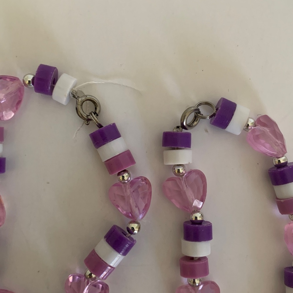 Girls Necklace & Bracelet Set Child’s Size Purple White Beaded Heart Jewelry - Picture 7 of 11